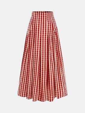 Gingham High-Waisted Pleated Midi Skirt - Red and White - Commense